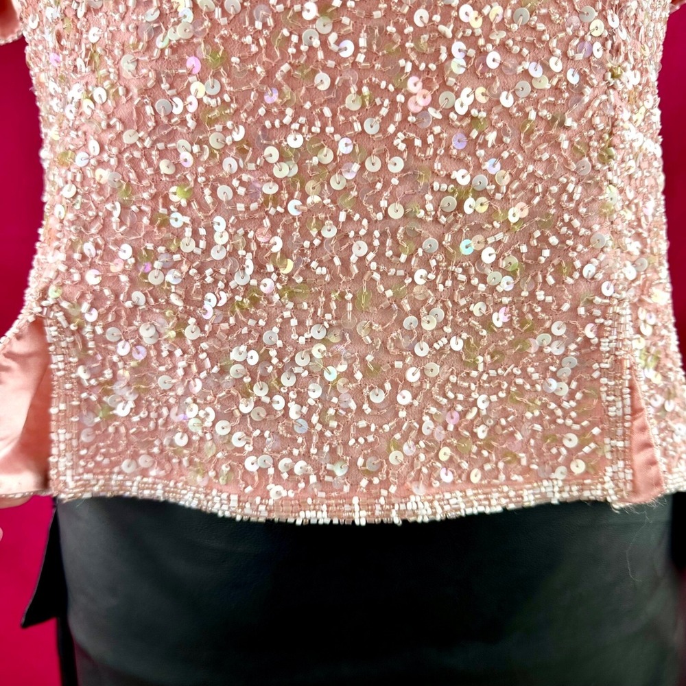Pink Sequin Date Night Top Vintage Scala Silk Beaded Romantic Valentine Large - Picture 7 of 17